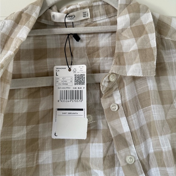 NWT Mango Women’s Tan & White Gingham Button Down Long Sleeve - Picture 3 of 9